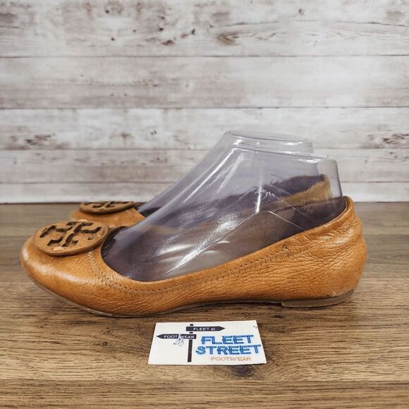 Tory Burch Reva Royal Tan Medallion Logo Leather Ballet Flats Women's Size 6 - Picture 3 of 11